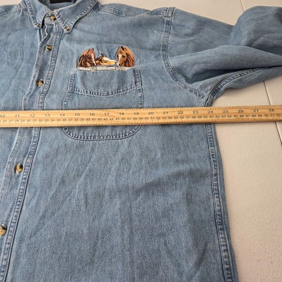 Outrageous Sports Mens Demin Horse Embroidered Button Up Top Size L Western - Picture 6 of 8